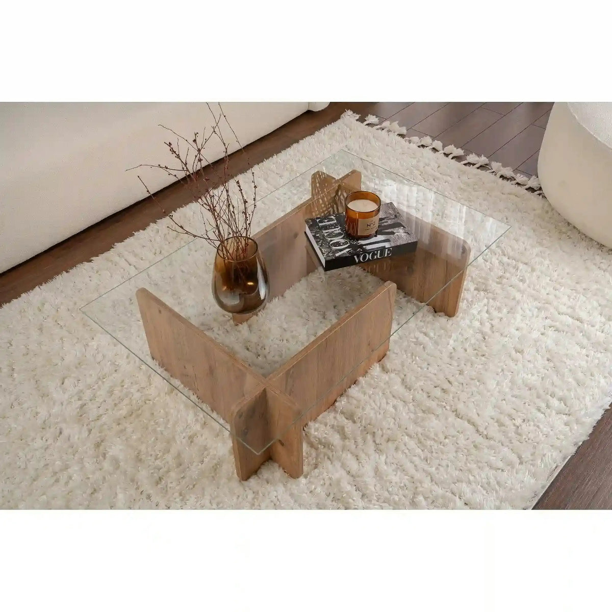 Masuta cafea FLAVIO, pin/transparent, PAL/sticla, 105x65x30 cm