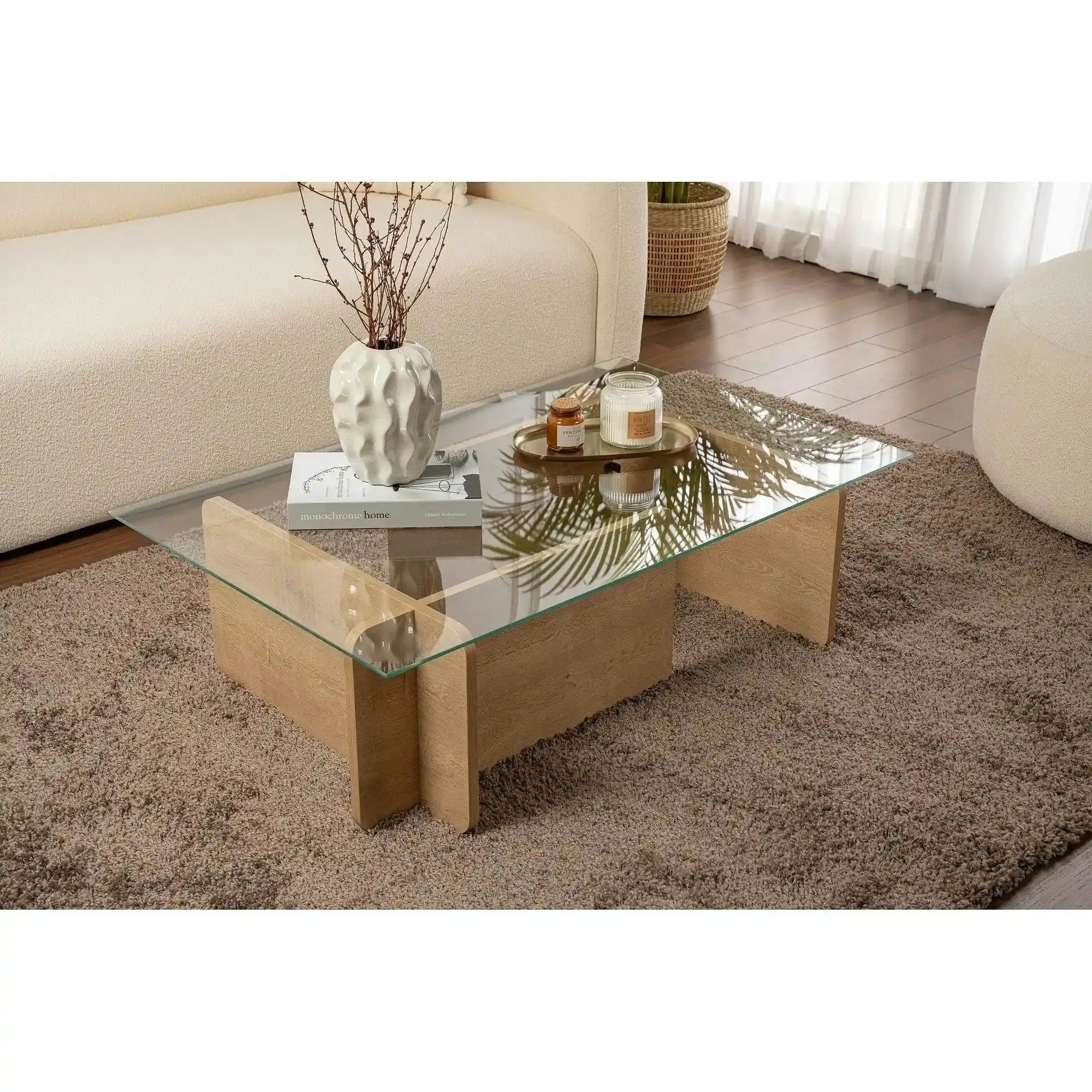 Masuta cafea FLAVIO, stejar miere/transparent, PAL/sticla, 105x65x30 cm