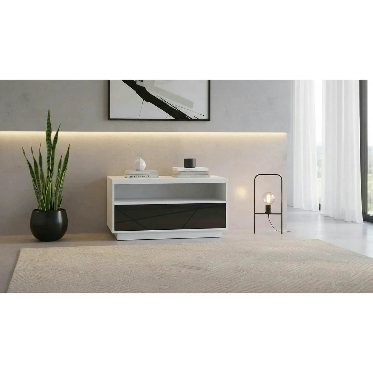 Masuta cafea FORN, alb lucios/negru mat, PAL, 90x60x49 cm