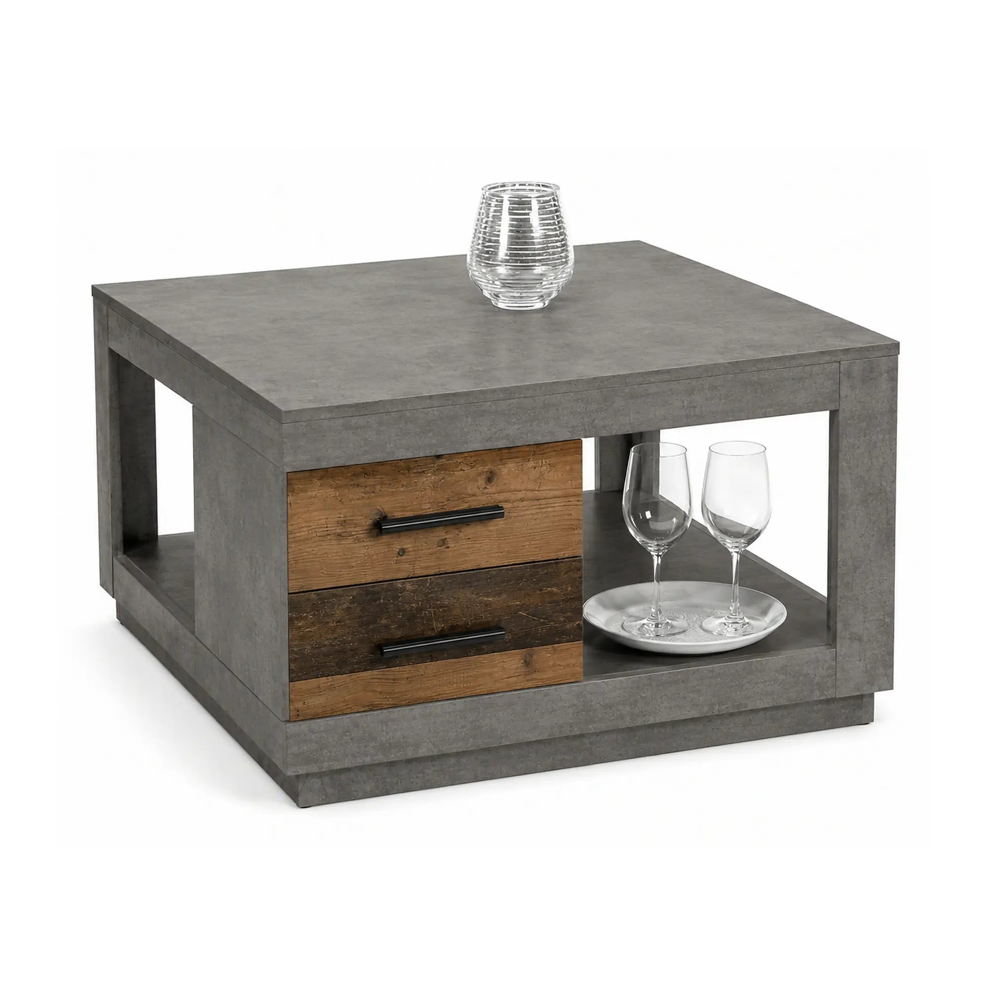 Masuta cafea Fulda, gri ciment/lemn antichizat, PAL, 80x80x46 cm
