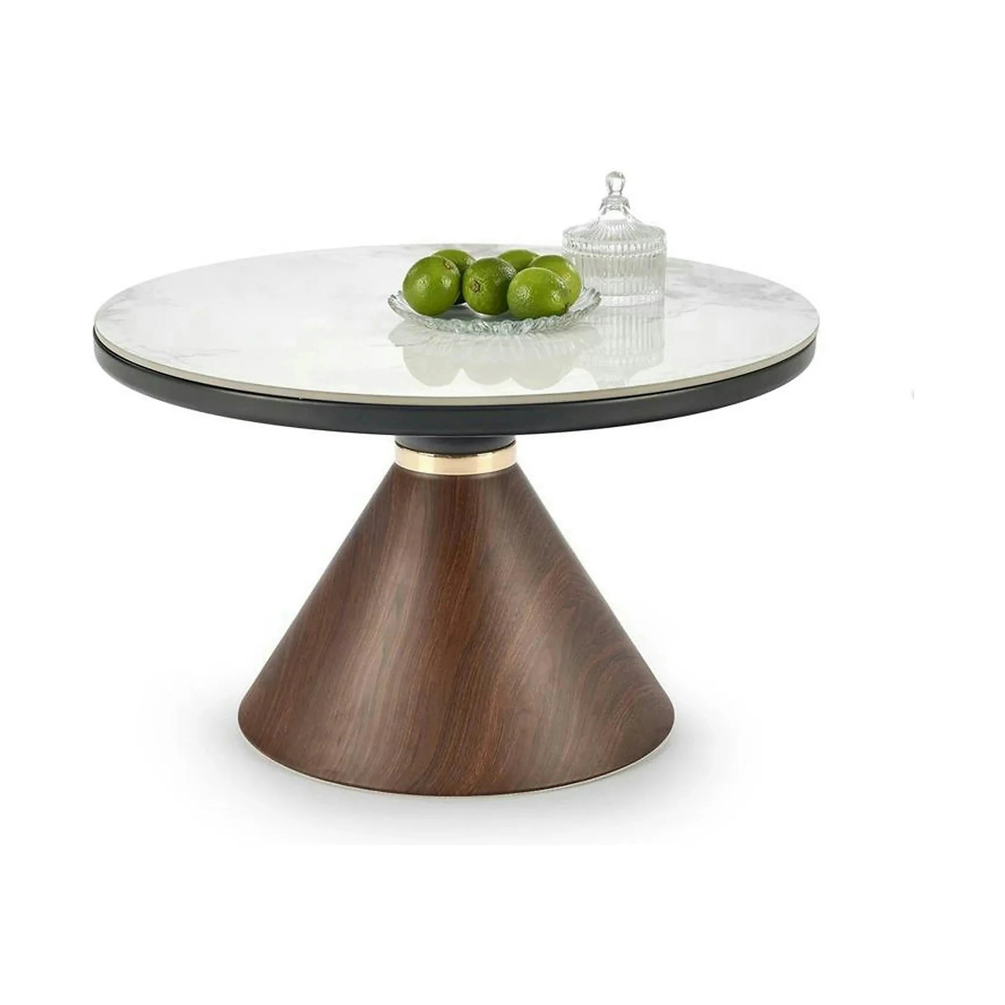 Masuta cafea GENESIS, alb cu efect de marmura/nuc/auriu, ceramica/otel, 70x70x43 cm