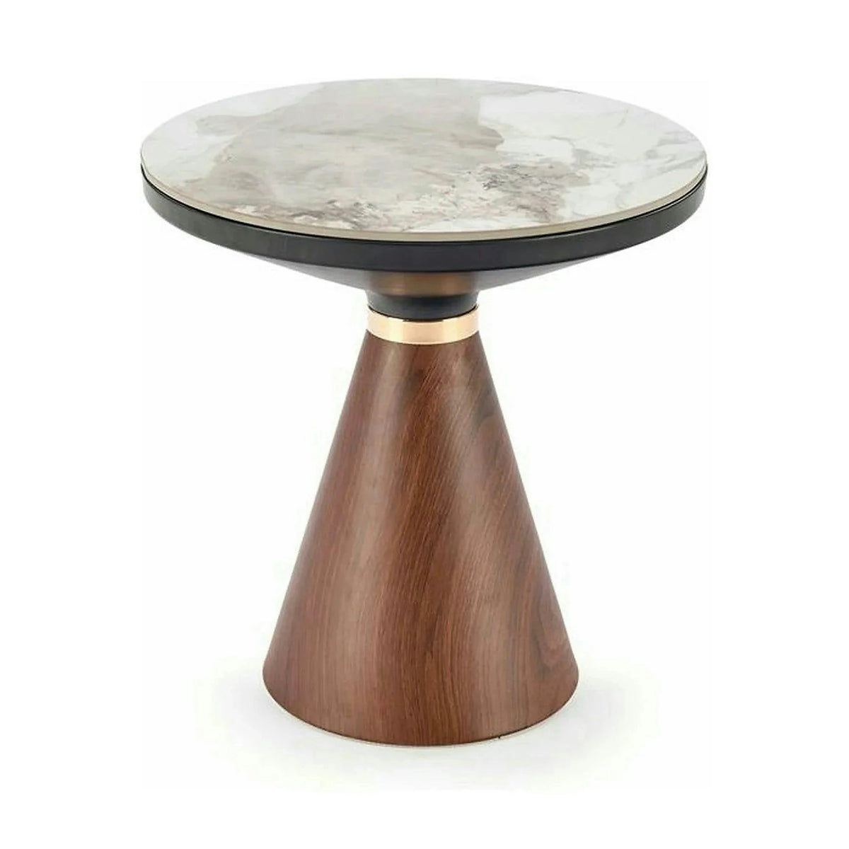 Masuta cafea GENESIS S, alb cu efect de marmura/nuc/auriu, otel/ceramica, 50x50x53 cm