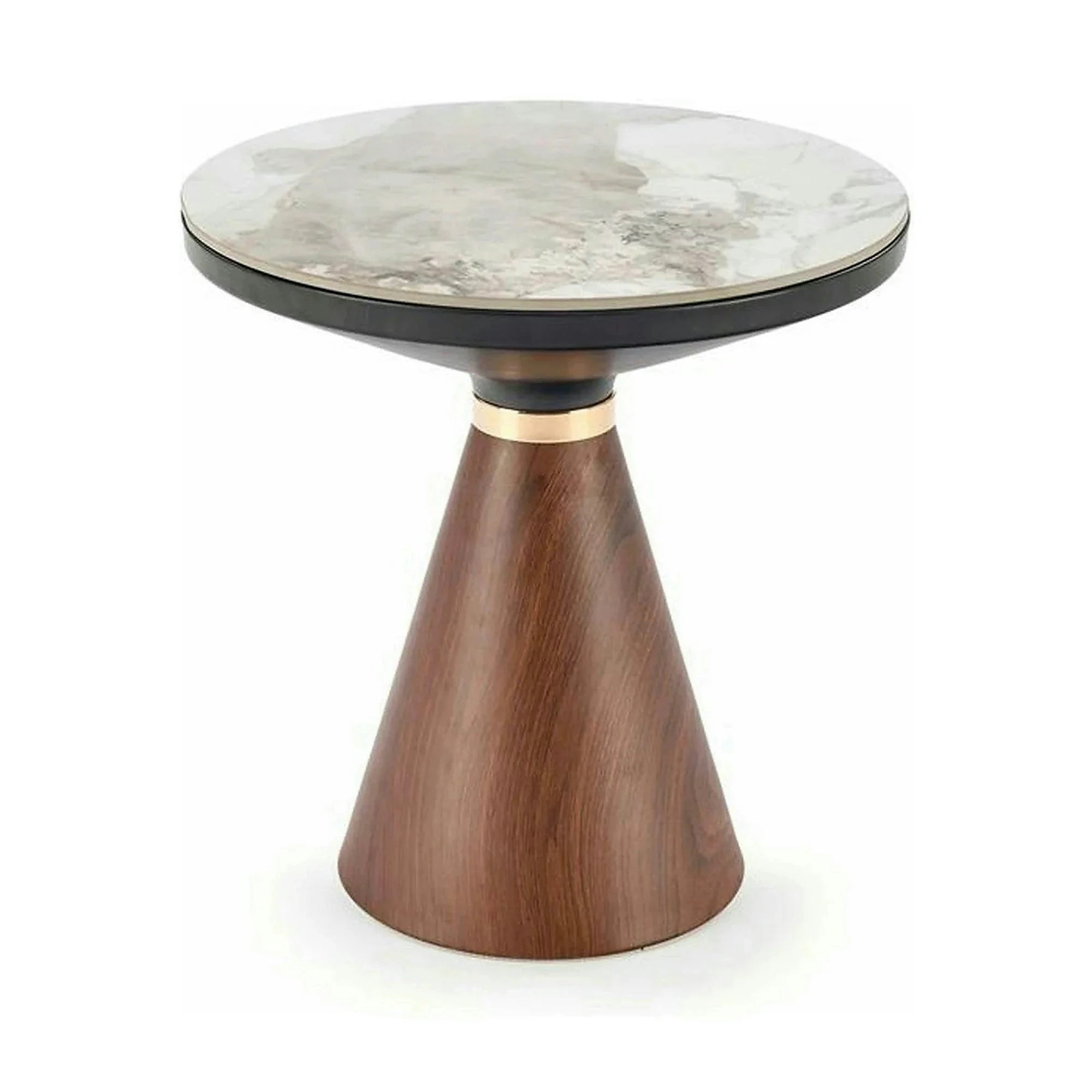 Masuta cafea GENESIS S, alb cu efect de marmura/nuc/auriu, otel/ceramica, 50x50x53 cm