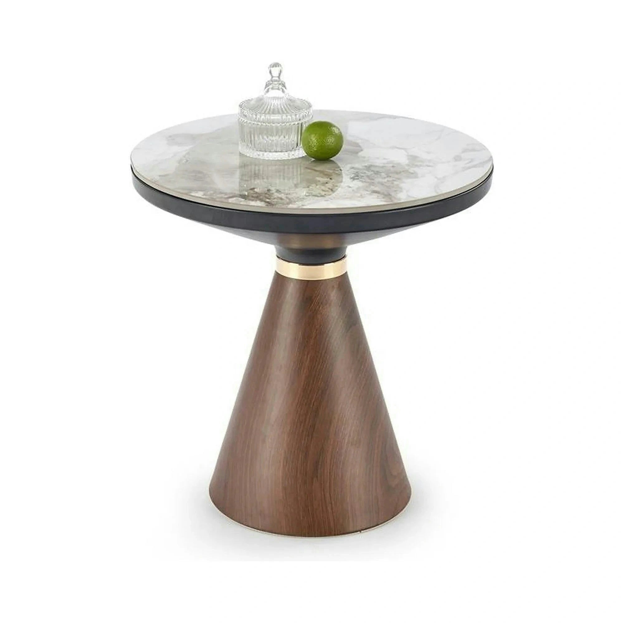 Masuta cafea GENESIS S, alb cu efect de marmura/nuc/auriu, otel/ceramica, 50x50x53 cm