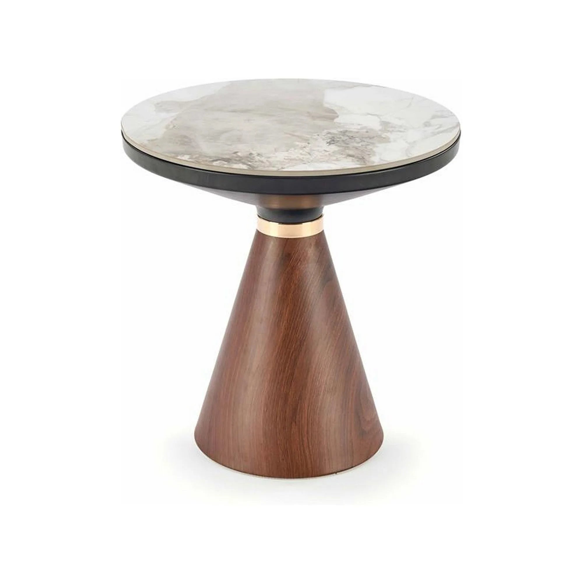 Masuta cafea GENESIS S, alb cu efect de marmura/nuc/auriu, otel/ceramica, 50x50x53 cm