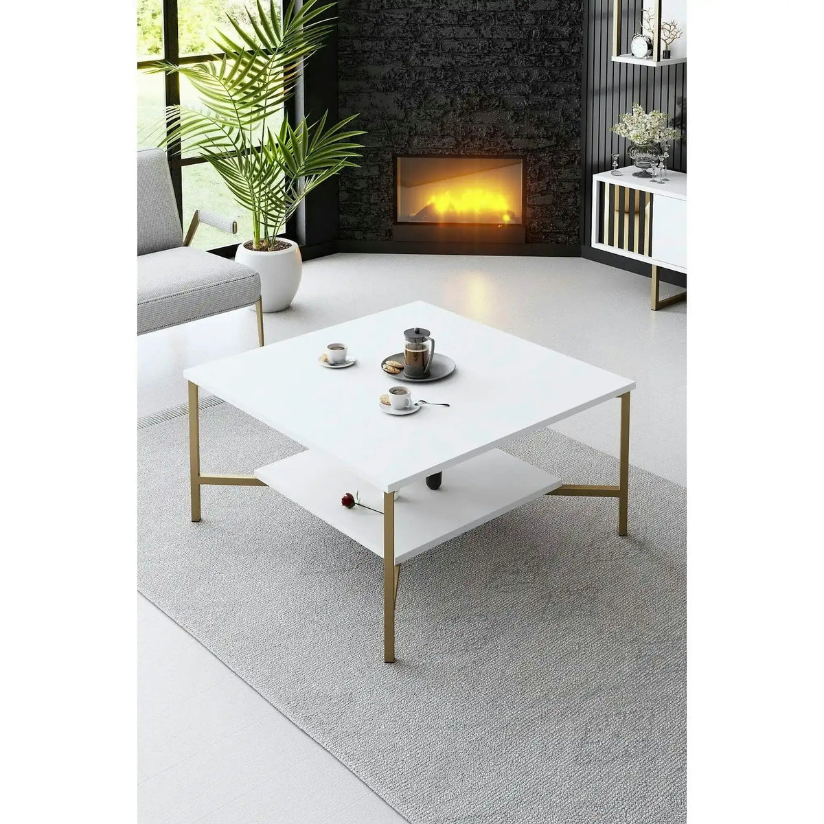 Masuta cafea Gold Line, alb/auriu, PAL, 80x80x40 cm