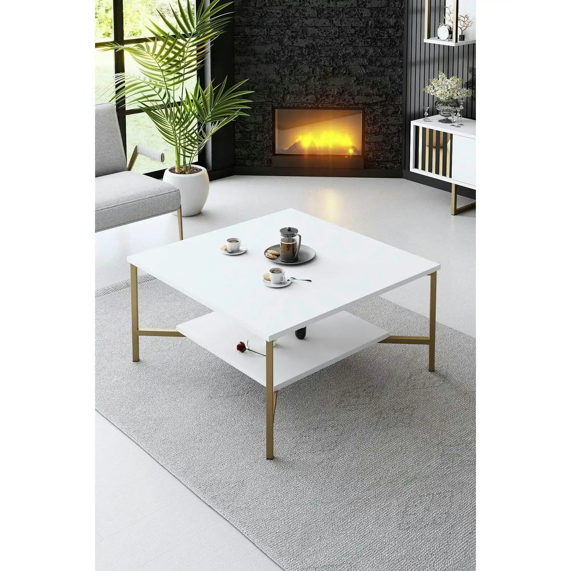 Masuta cafea Gold Line, alb/auriu, PAL, 80x80x40 cm