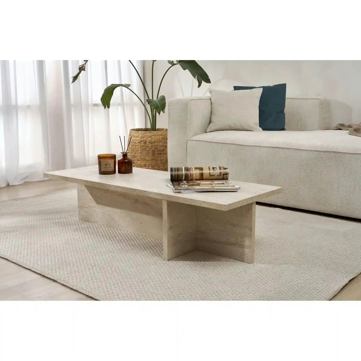 Masuta cafea HARBOR, bej cu efect de piatra travertin, PAL, 120x45x30 cm