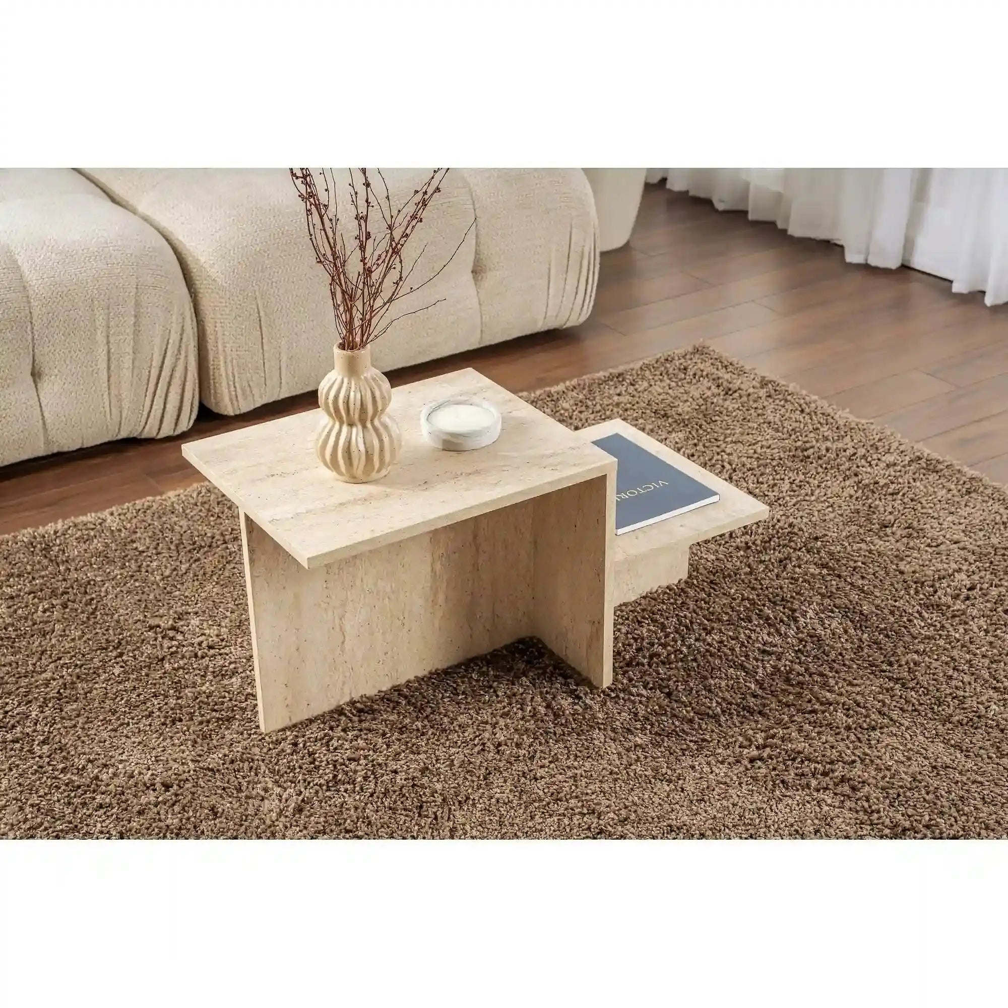 Masuta cafea HARMONY, bej cu efect de piatra travertin, PAL, 80x40x40 cm
