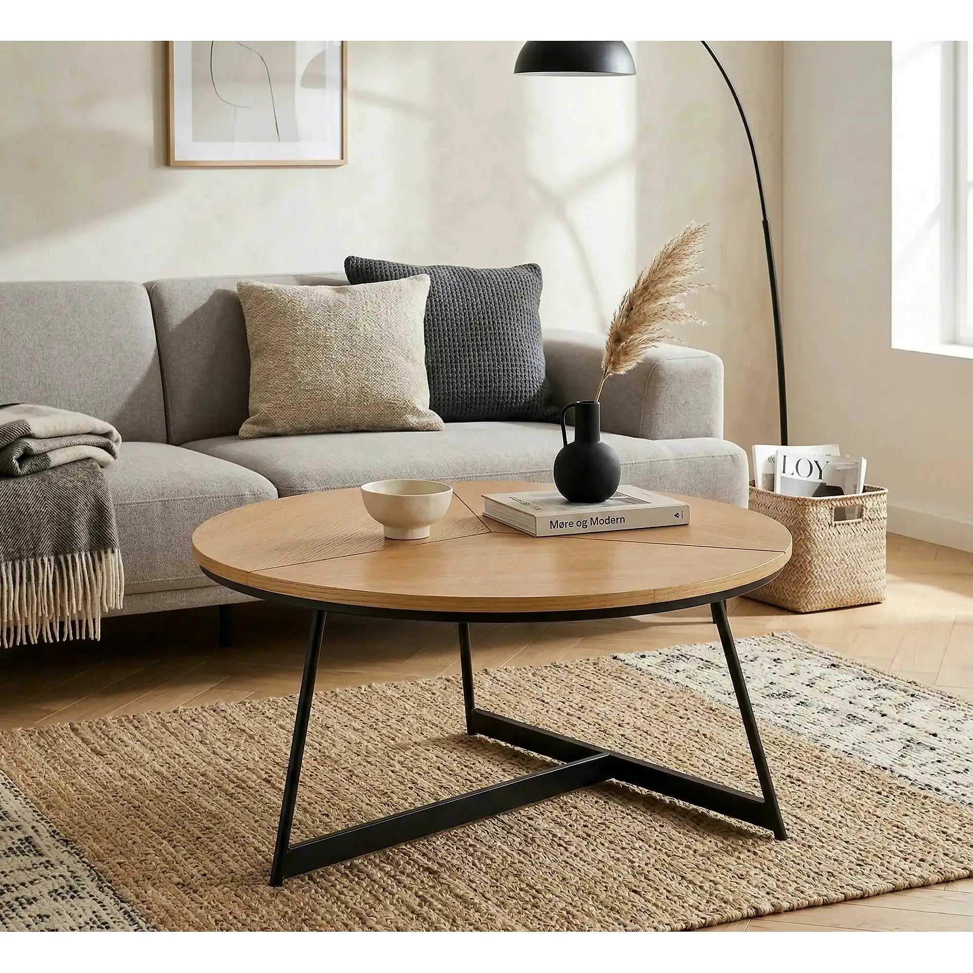 Masuta cafea KARIDA, stejar natural/negru, 80x80x41 cm