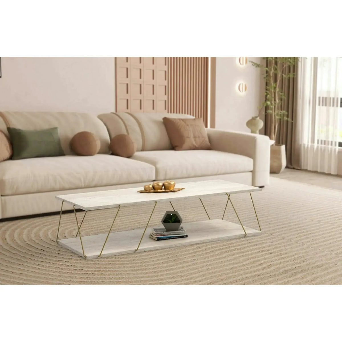 Masuta cafea LABRANDA, bej cu efect de marmura/auriu, PAL melaminat/metal, 120x50x30 cm