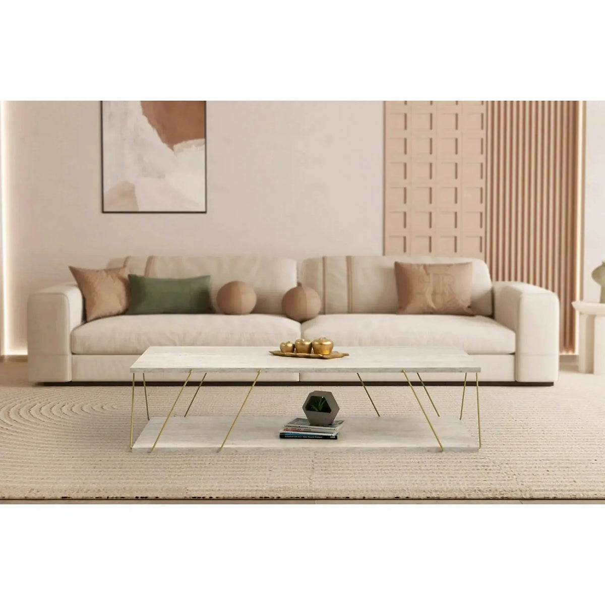 Masuta cafea LABRANDA, bej cu efect de marmura/auriu, PAL melaminat/metal, 120x50x30 cm