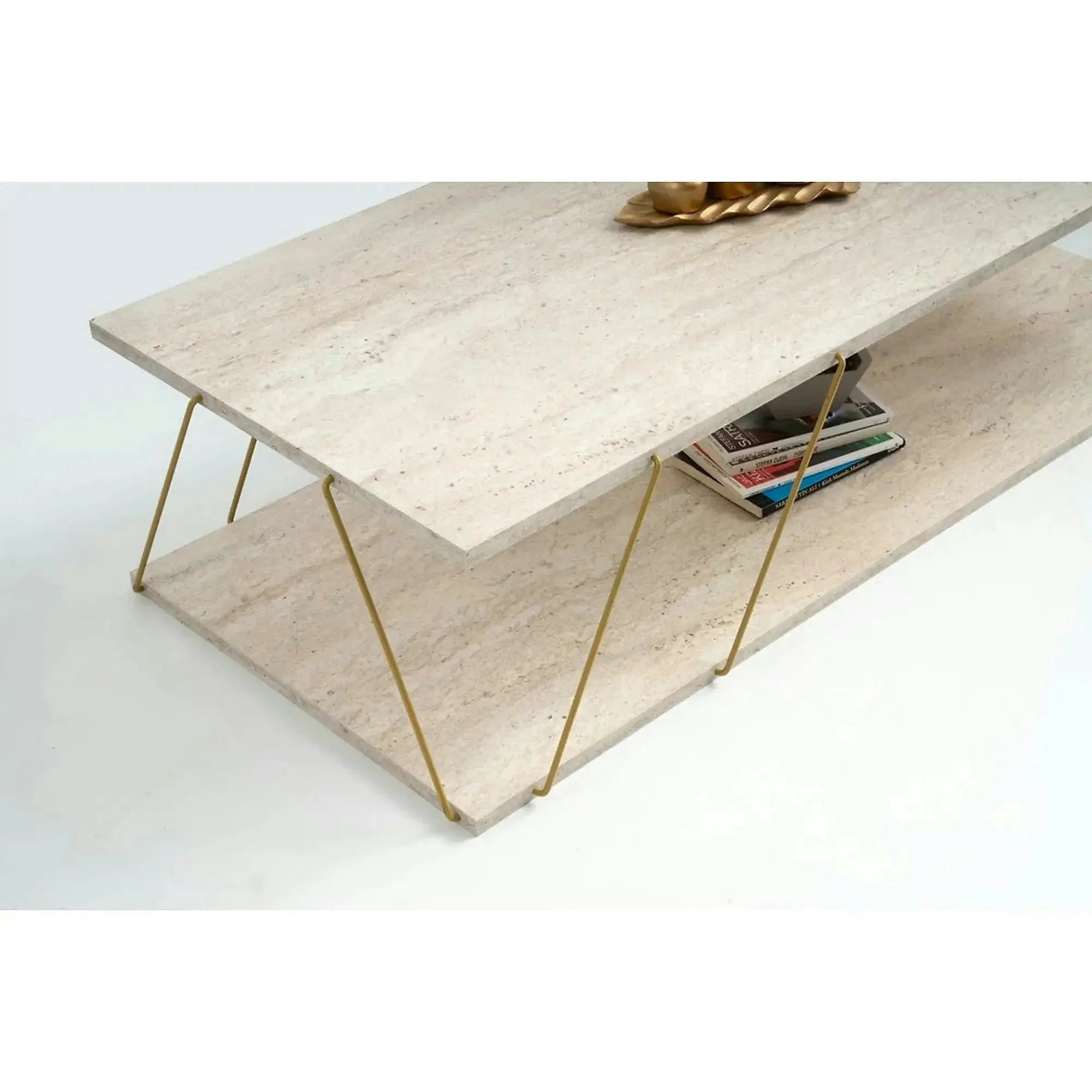 Masuta cafea LABRANDA, bej cu efect de marmura/auriu, PAL melaminat/metal, 120x50x30 cm