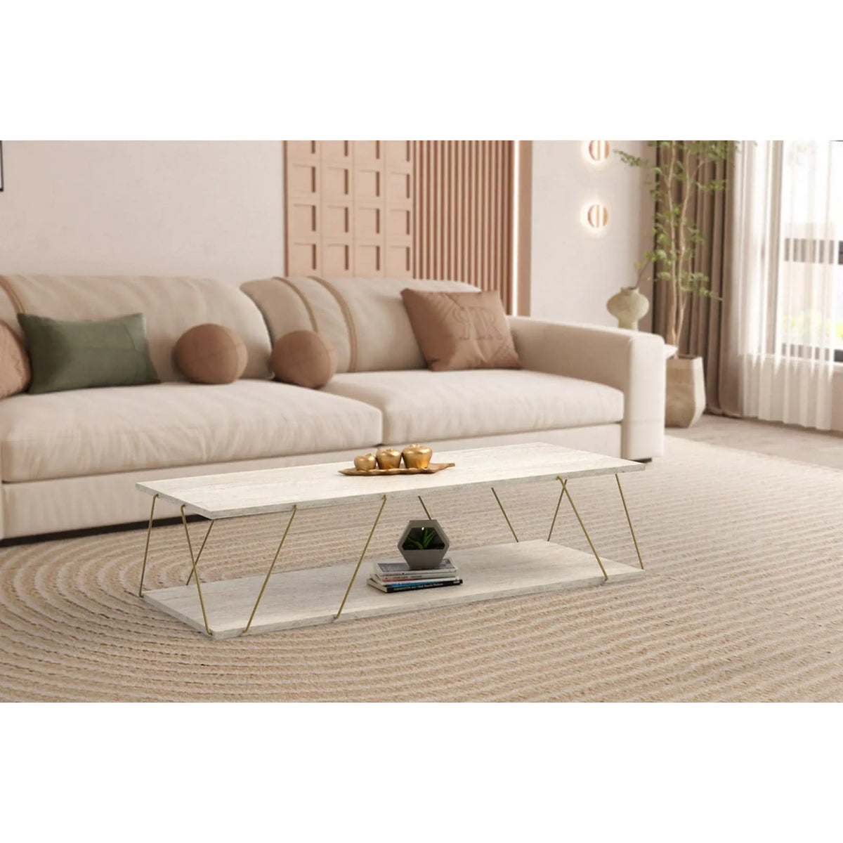 Masuta cafea LABRANDA, bej cu efect de marmura/auriu, PAL melaminat/metal, 120x50x30 cm