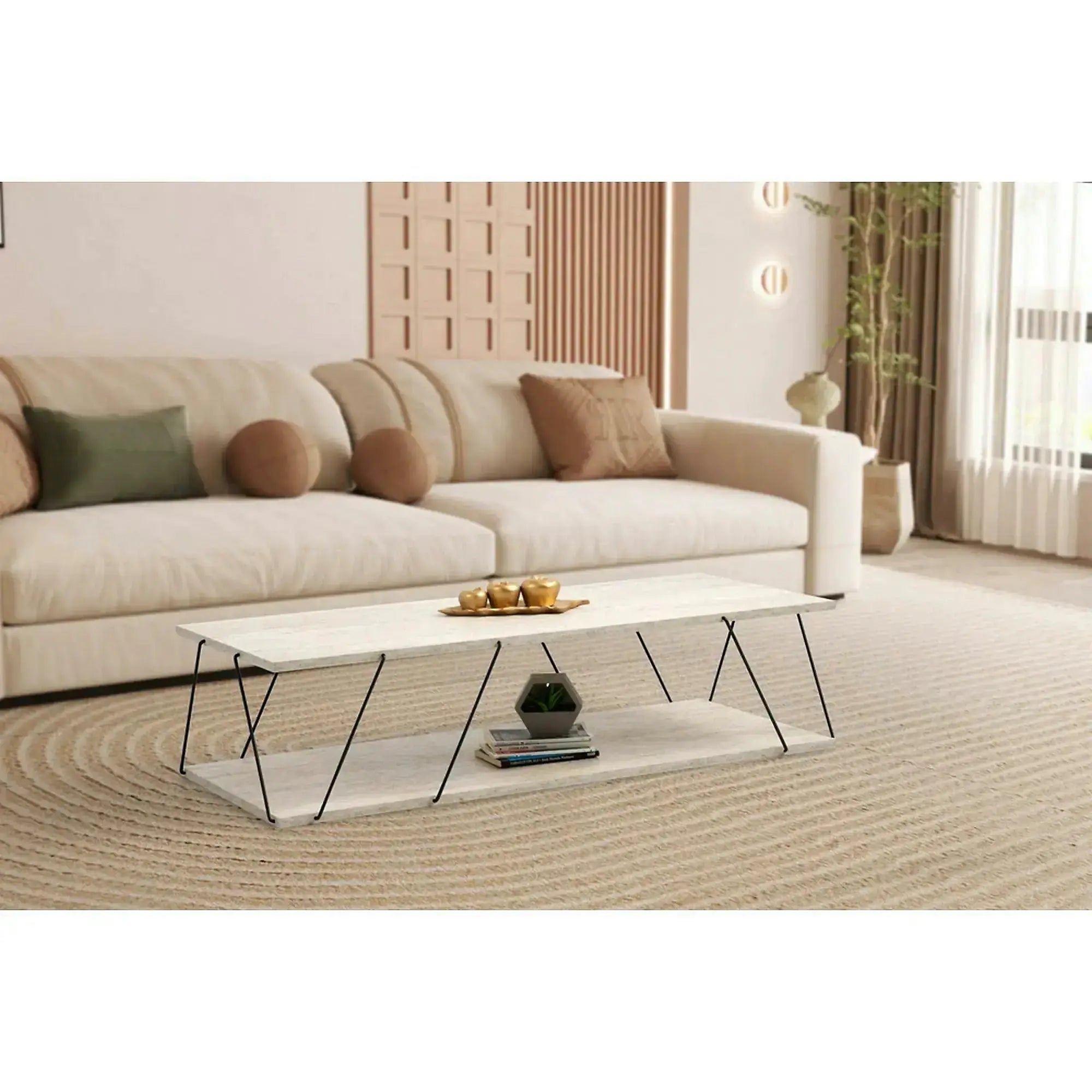 Masuta cafea LABRANDA, bej cu efect de marmura/negru, PAL melaminat/metal, 120x50x30 cm