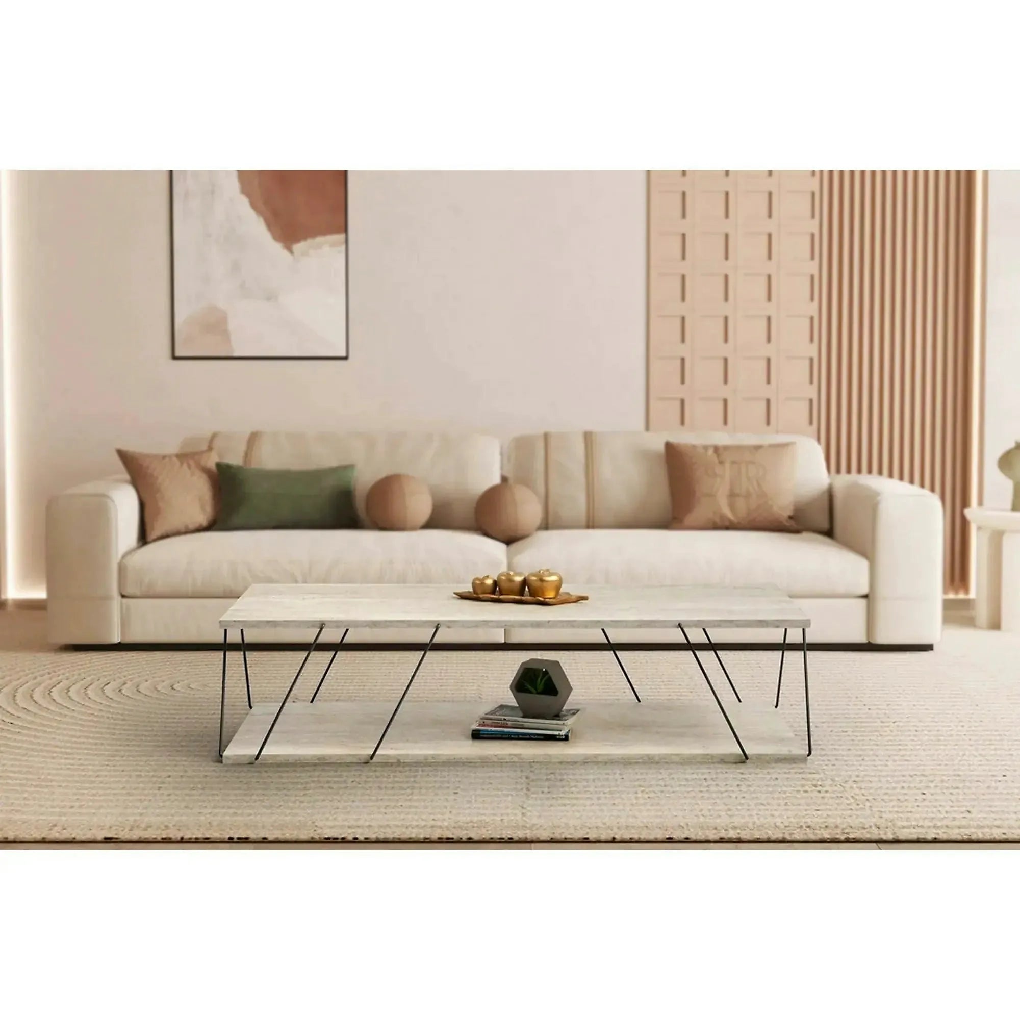 Masuta cafea LABRANDA, bej cu efect de marmura/negru, PAL melaminat/metal, 120x50x30 cm