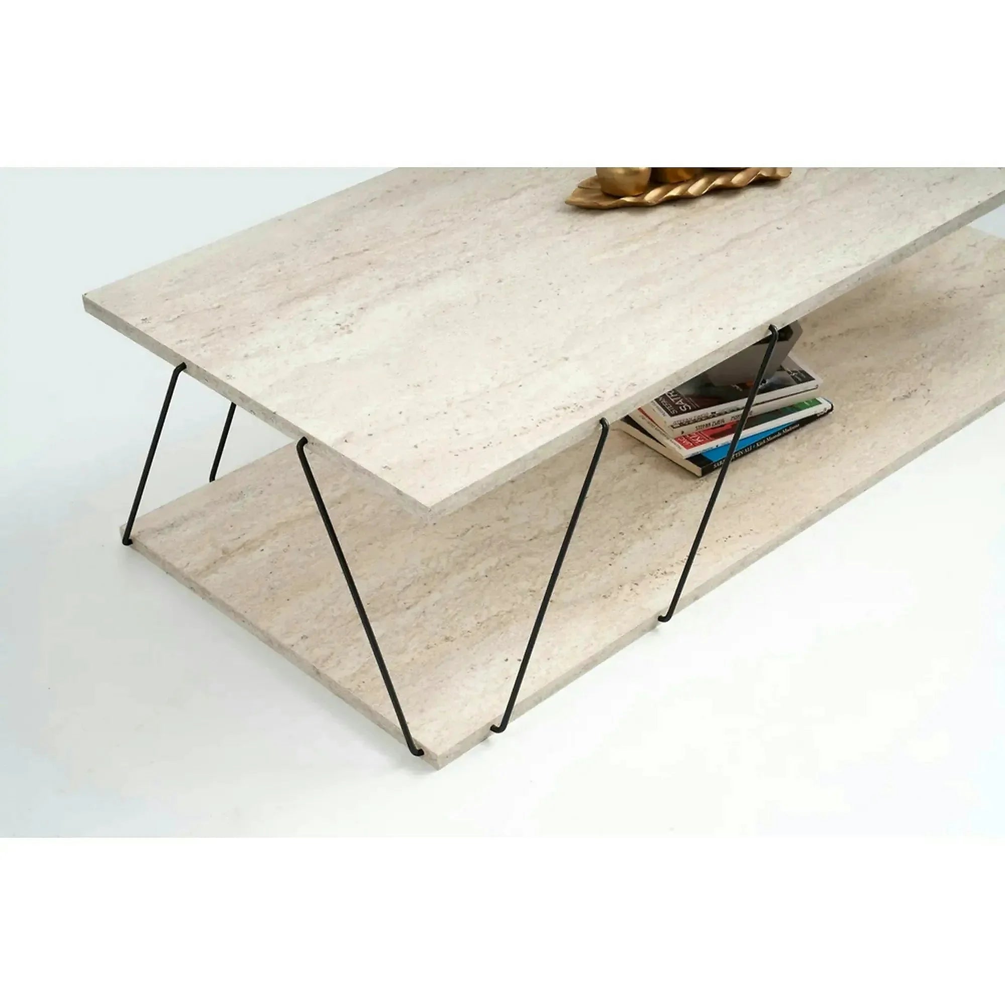Masuta cafea LABRANDA, bej cu efect de marmura/negru, PAL melaminat/metal, 120x50x30 cm