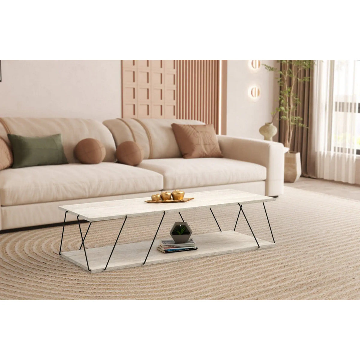 Masuta cafea LABRANDA, bej cu efect de marmura/negru, PAL melaminat/metal, 120x50x30 cm