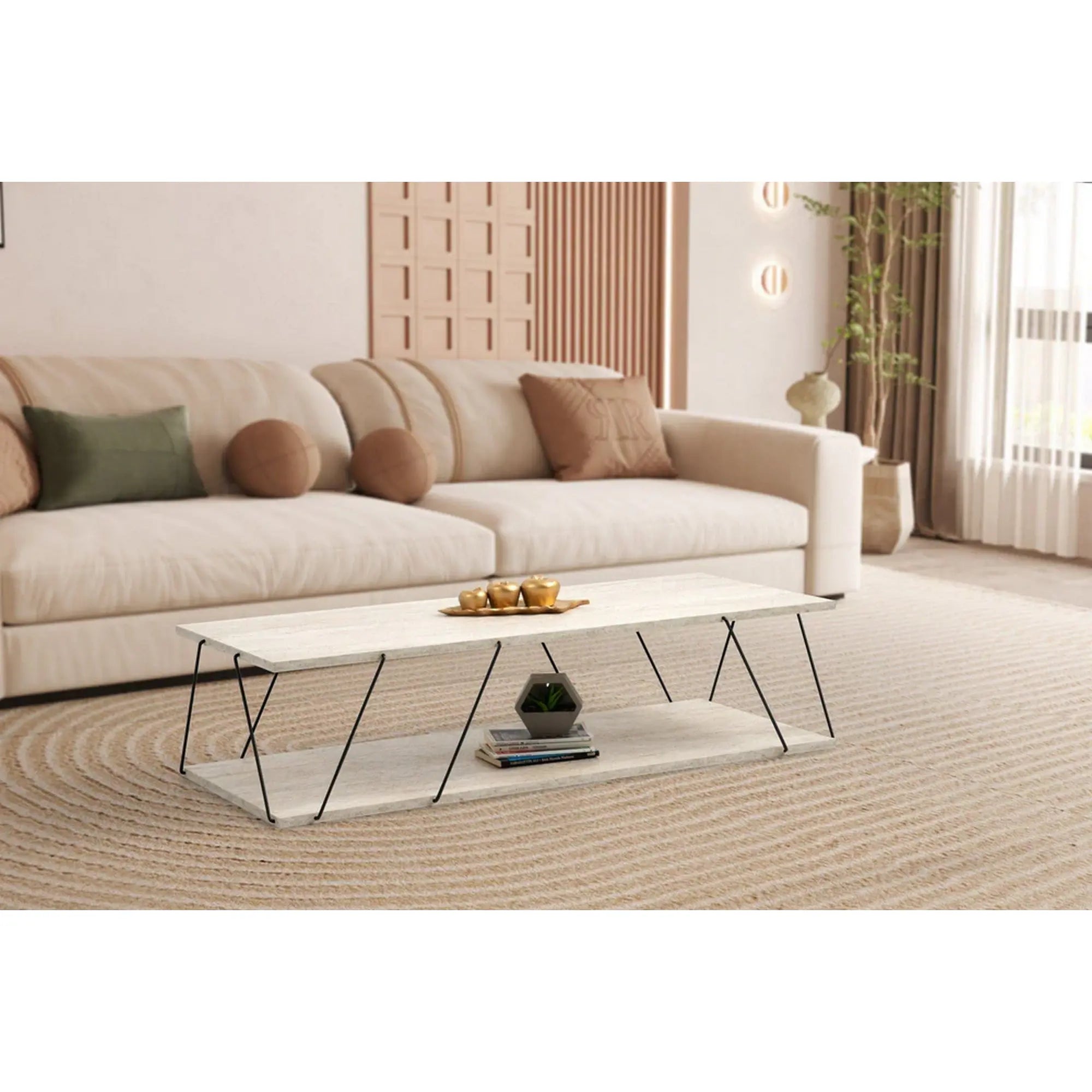 Masuta cafea LABRANDA, bej cu efect de marmura/negru, PAL melaminat/metal, 120x50x30 cm