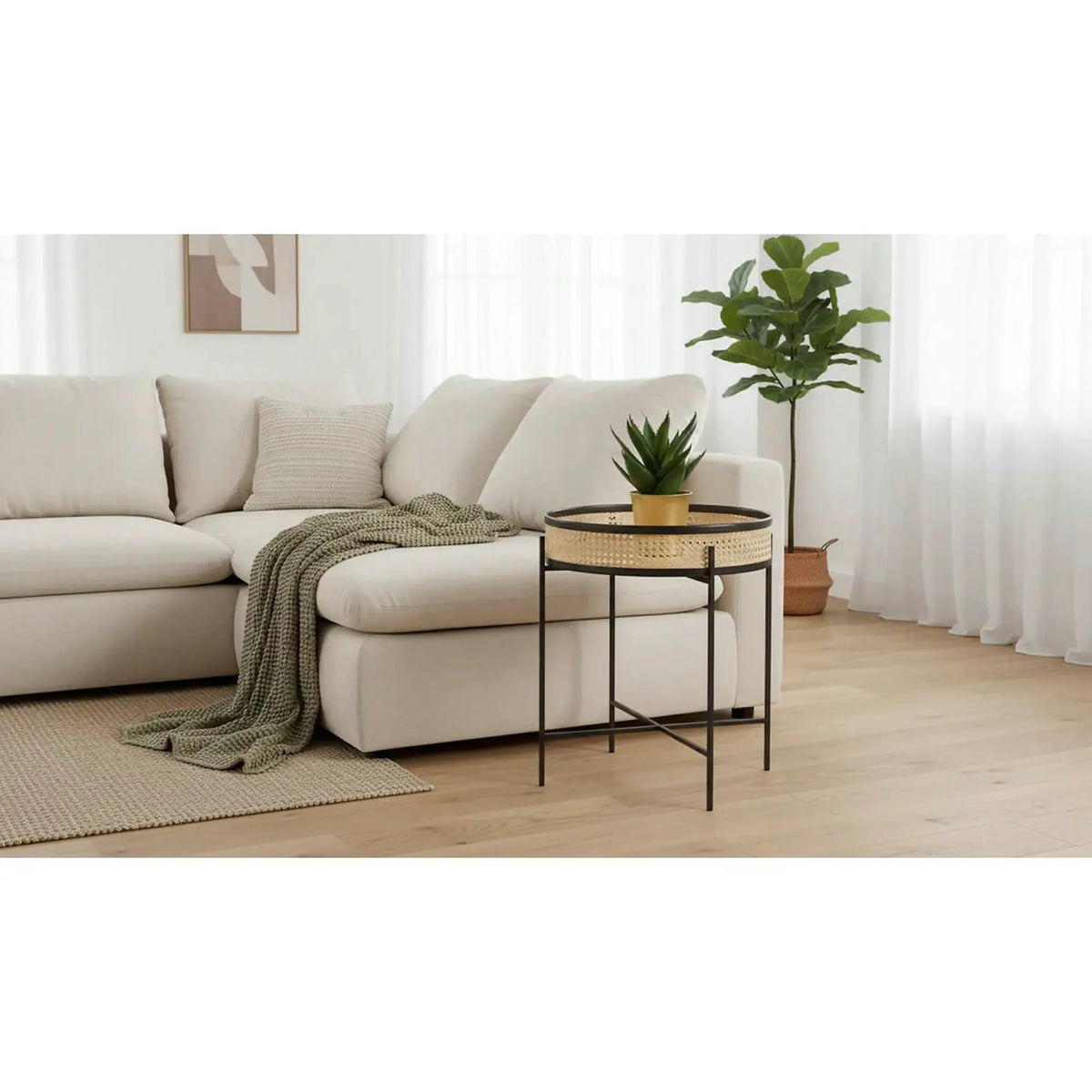 Masuta cafea LANIPA, negru/stejar natural, ratan/otel, 50x50x55 cm