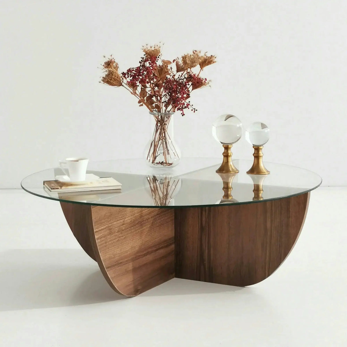 Masuta cafea Lily, transparent/nuc, sticla/PAL melaminat, 90x90x30 cm