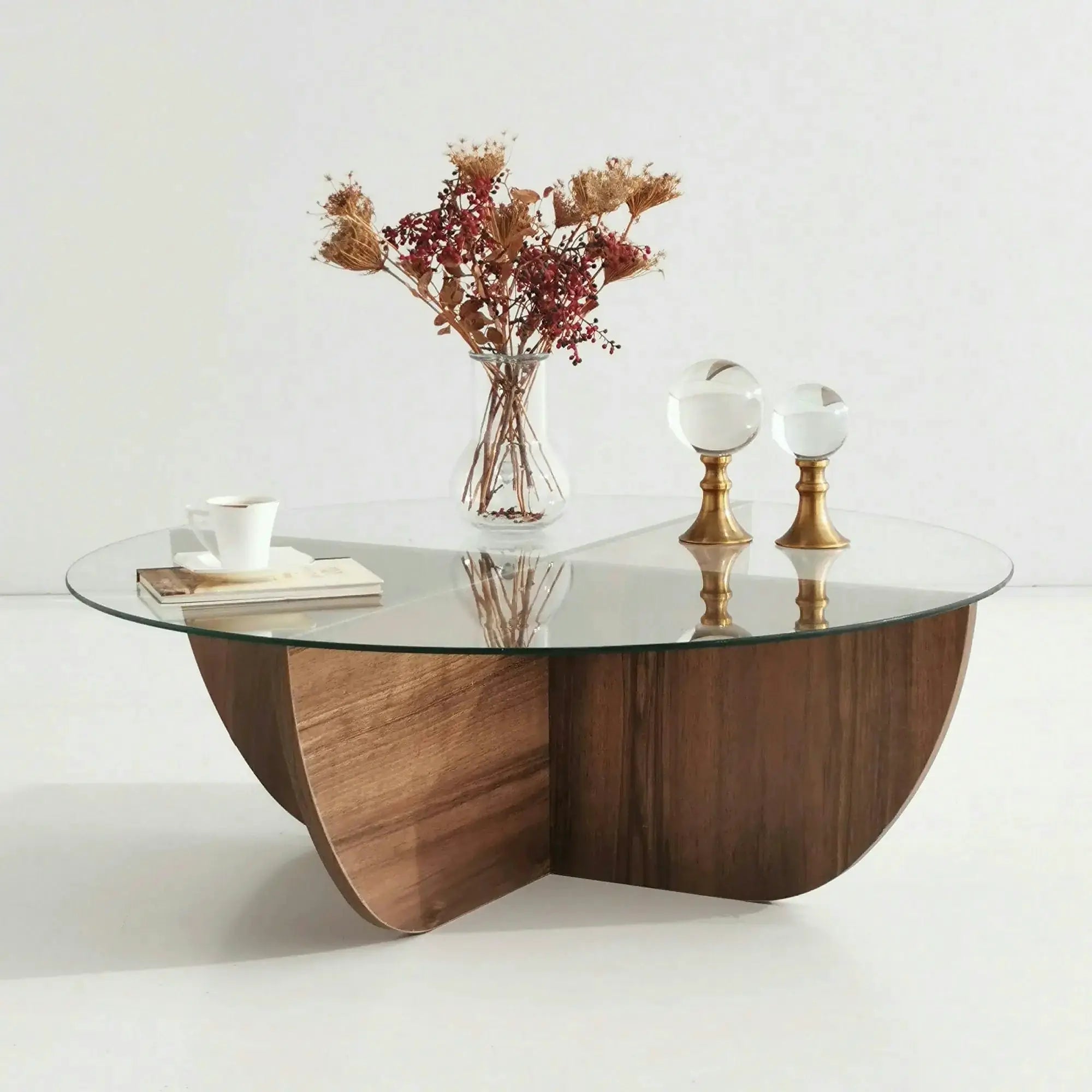 Masuta cafea Lily, transparent/nuc, sticla/PAL melaminat, 90x90x30 cm