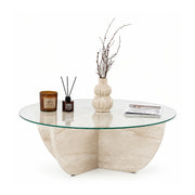 Masuta cafea LIYA, bej cu efect de piatra travertin, sticla/PAL, 90x90x30 cm