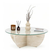 Masuta cafea LIYA, bej cu efect de piatra travertin, sticla/PAL, 90x90x30 cm