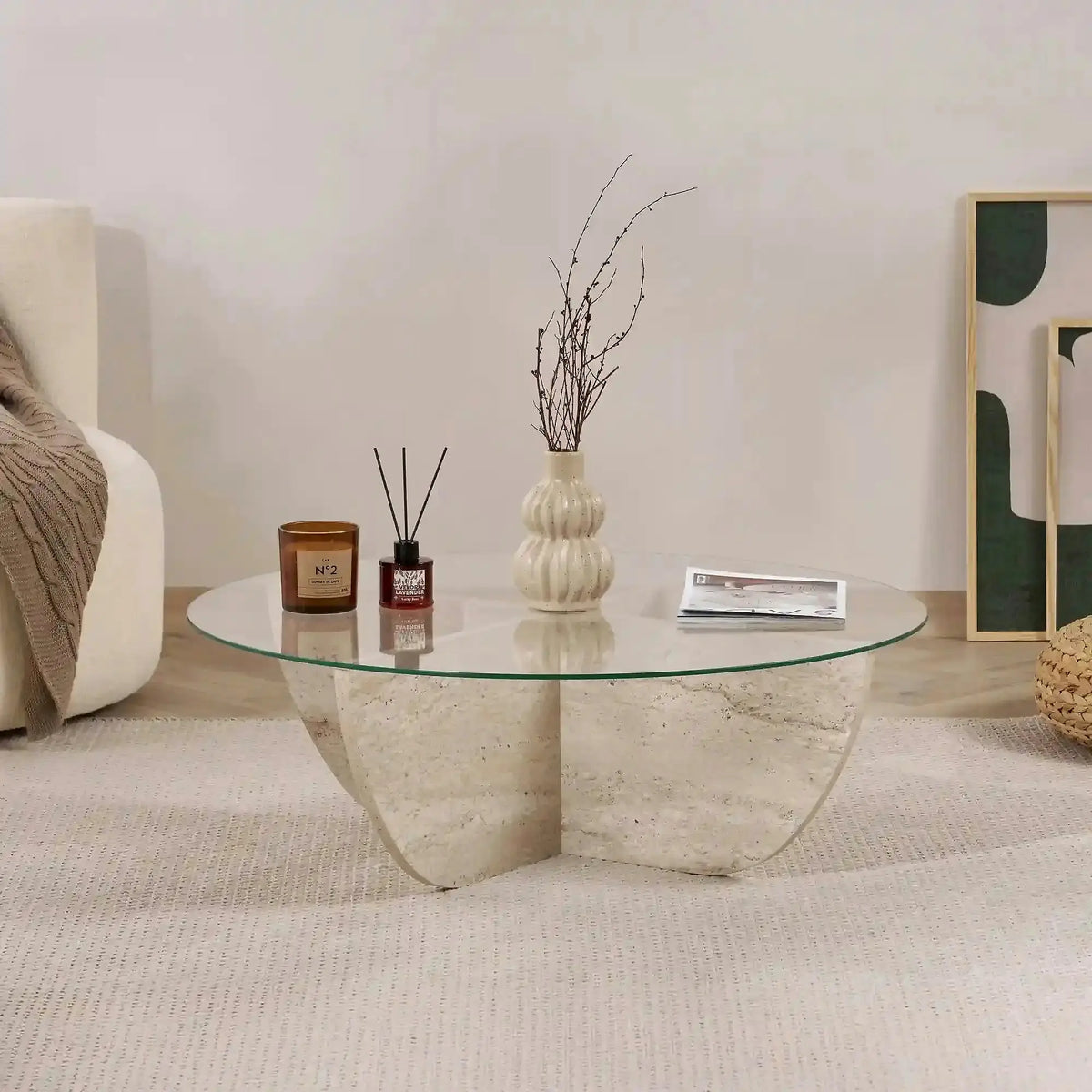 Masuta cafea LIYA, bej cu efect de piatra travertin, sticla/PAL, 90x90x30 cm