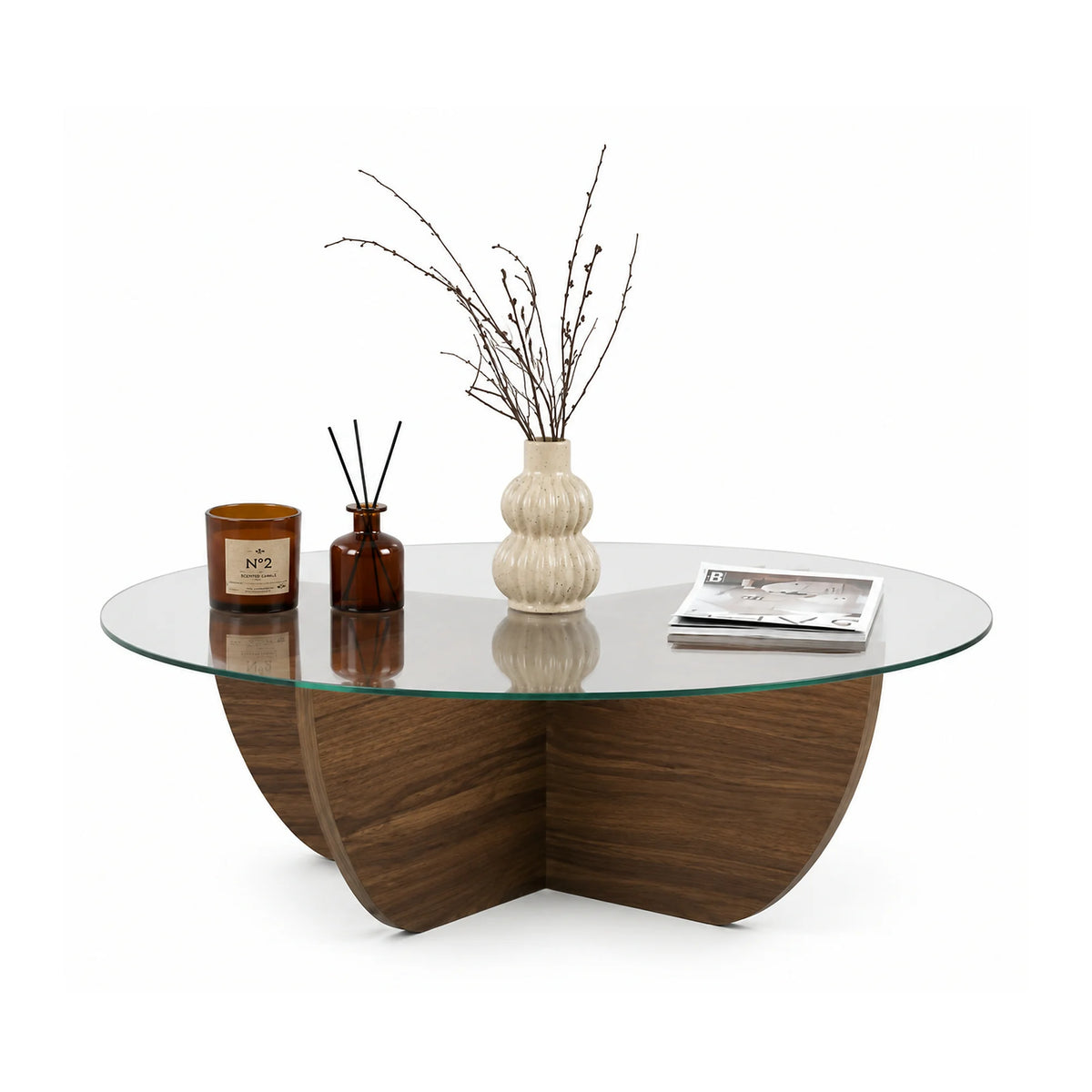 Masuta cafea LIYA, nuc/transparent, sticla/PAL, 90x90x30 cm