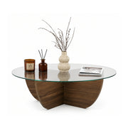 Masuta cafea LIYA, nuc/transparent, sticla/PAL, 90x90x30 cm