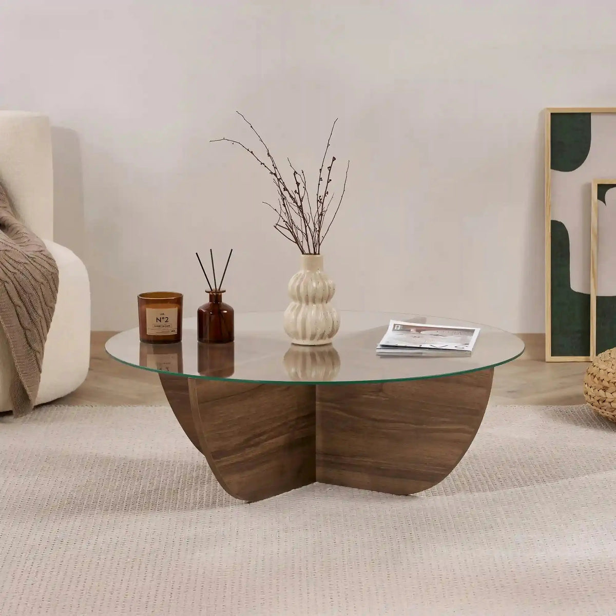 Masuta cafea LIYA, nuc/transparent, sticla/PAL, 90x90x30 cm