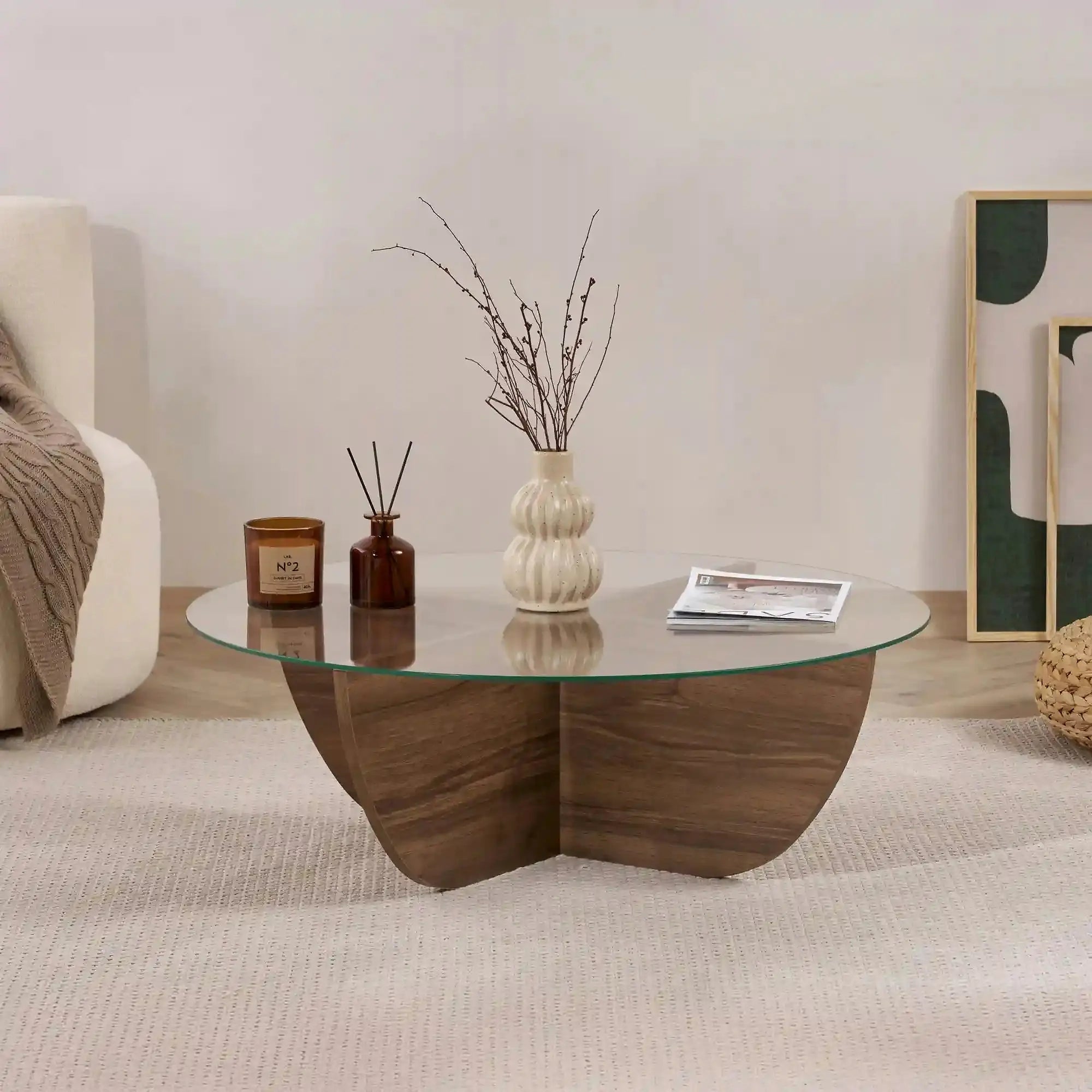Masuta cafea LIYA, nuc/transparent, sticla/PAL, 90x90x30 cm