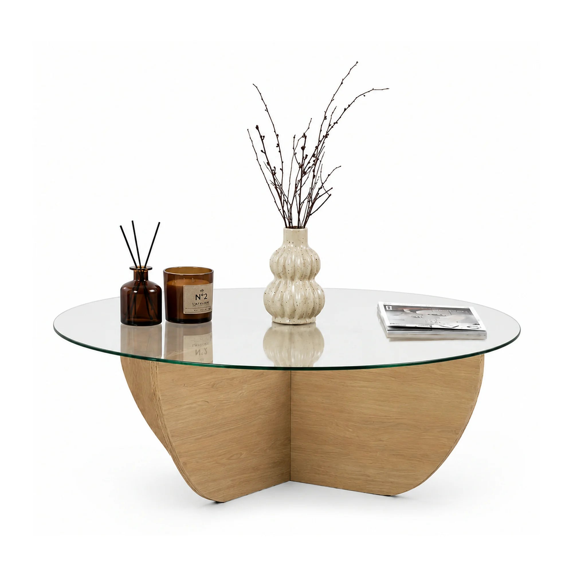Masuta cafea LIYA, stejar/transparent, sticla/PAL, 90x90x30 cm