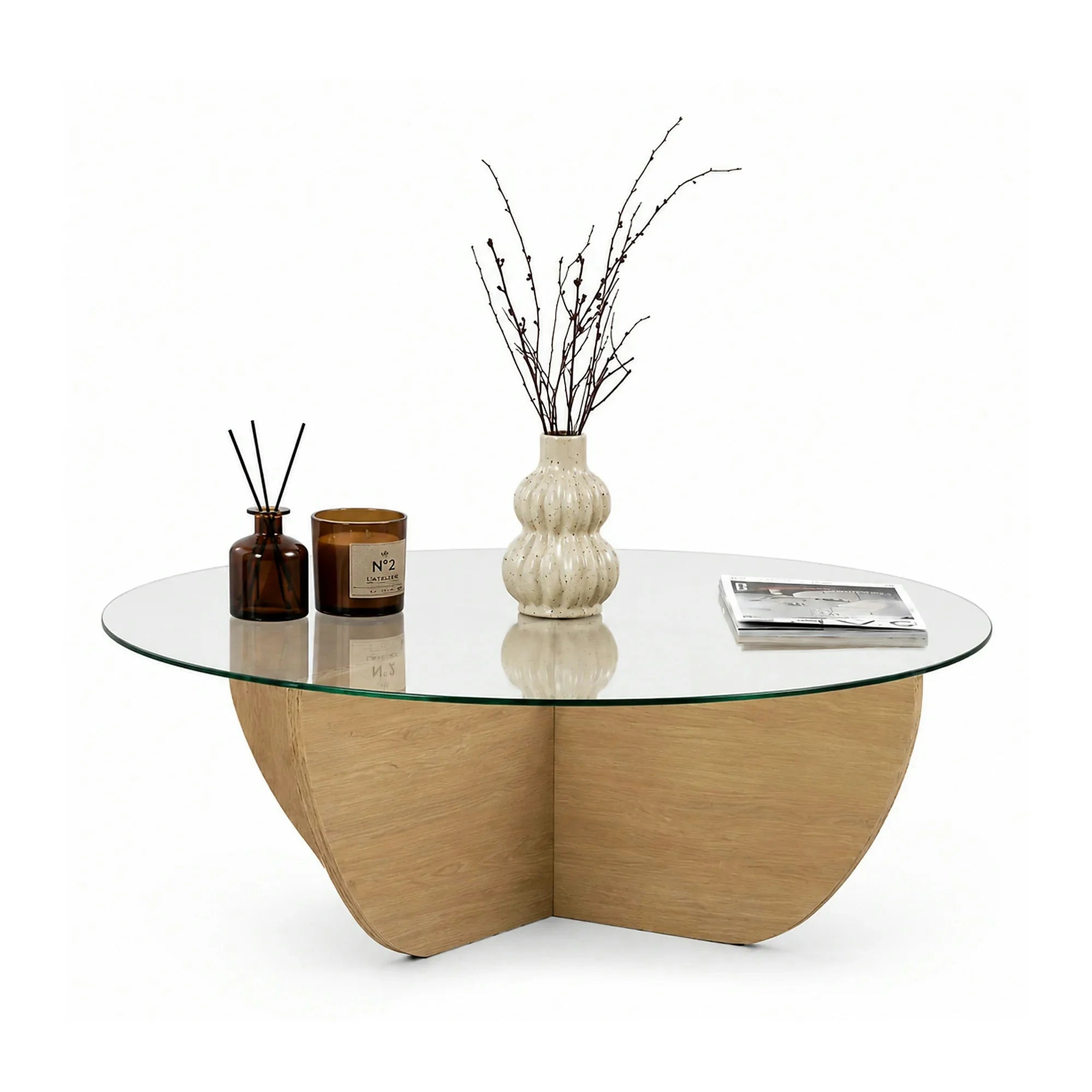 Masuta cafea LIYA, stejar/transparent, sticla/PAL, 90x90x30 cm