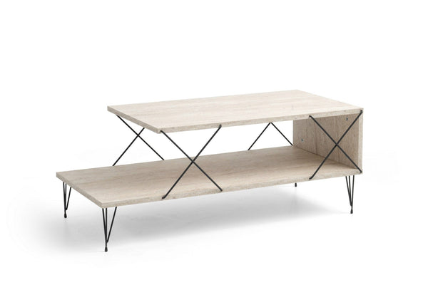 Masuta cafea LOIRE, bej cu efect de marmura/negru, PAL melaminat/metal, 100x50x40 cm