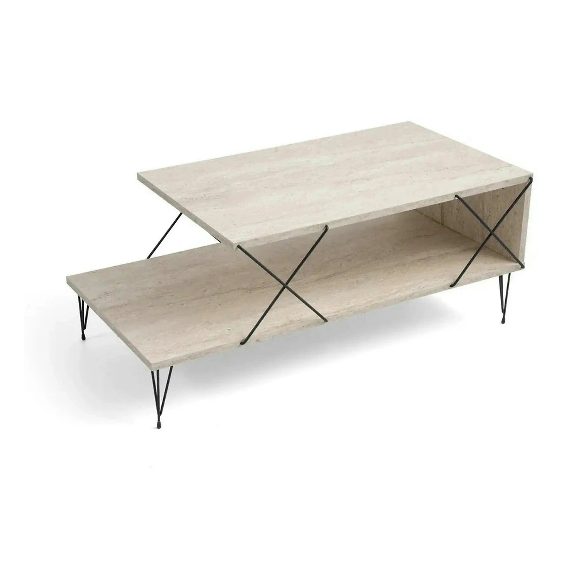 Masuta cafea LOIRE, bej cu efect de marmura/negru, PAL melaminat/metal, 100x50x40 cm