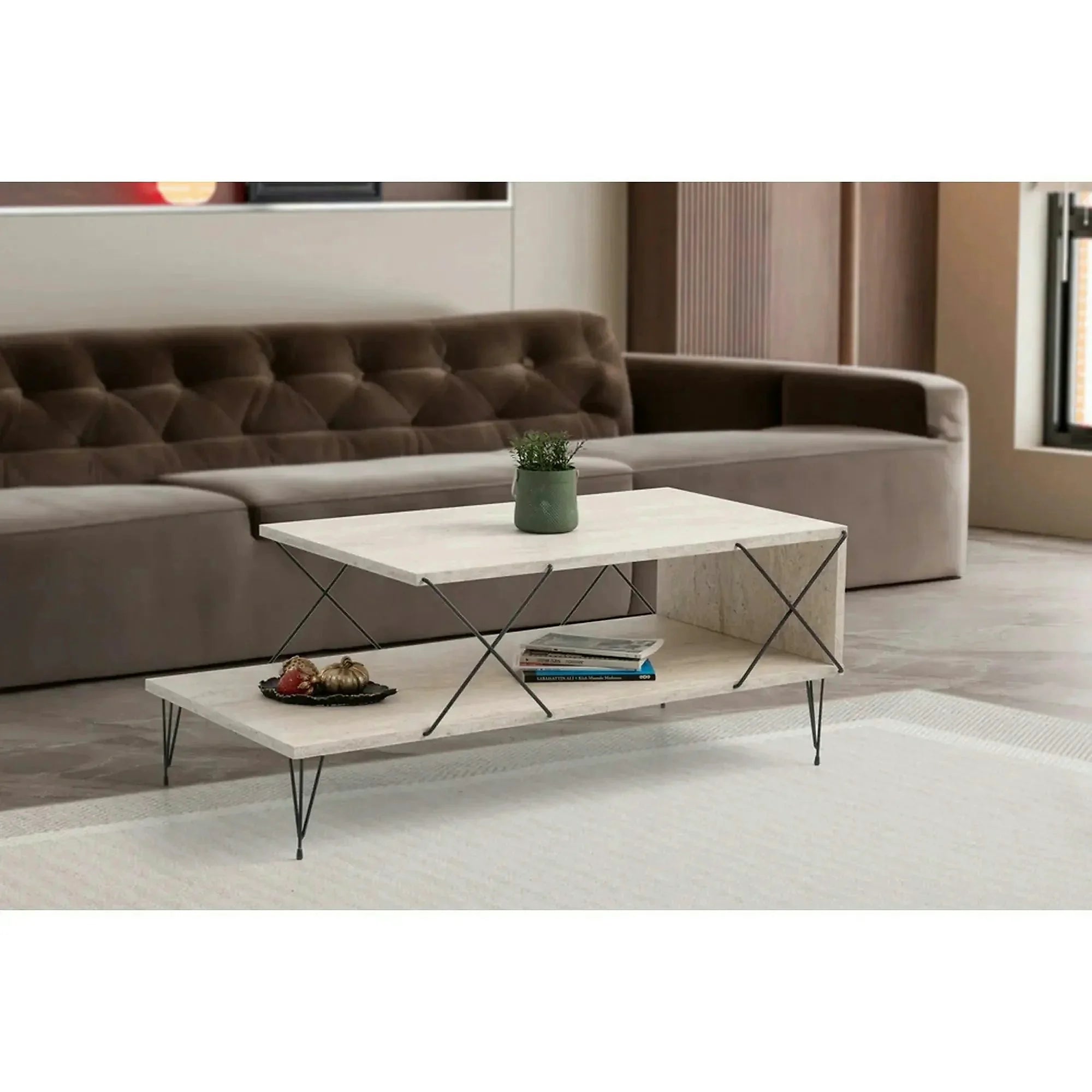 Masuta cafea LOIRE, bej cu efect de marmura/negru, PAL melaminat/metal, 100x50x40 cm