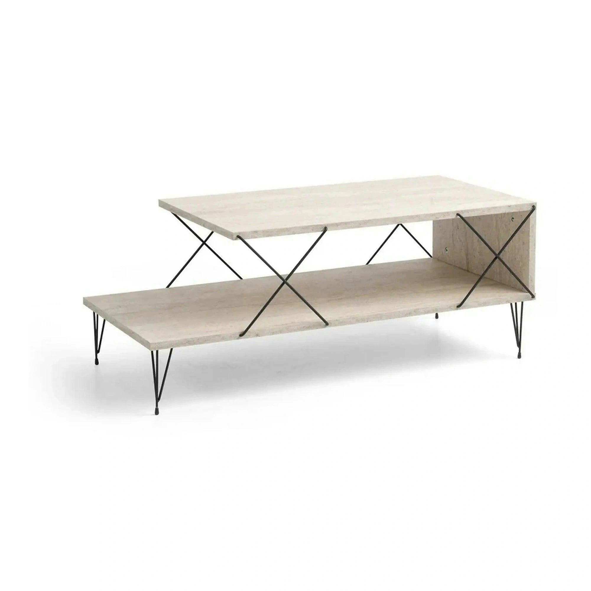 Masuta cafea LOIRE, bej cu efect de marmura/negru, PAL melaminat/metal, 100x50x40 cm