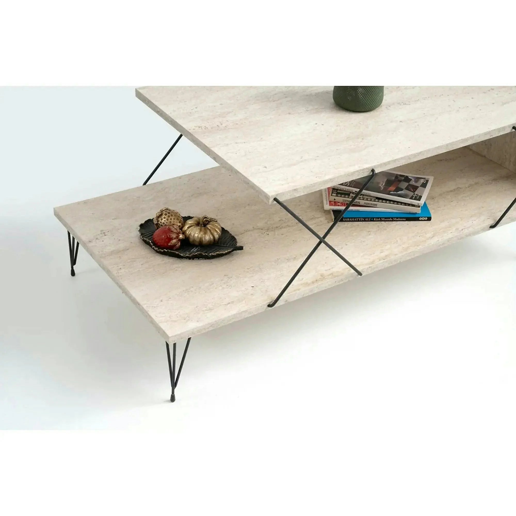 Masuta cafea LOIRE, bej cu efect de marmura/negru, PAL melaminat/metal, 100x50x40 cm