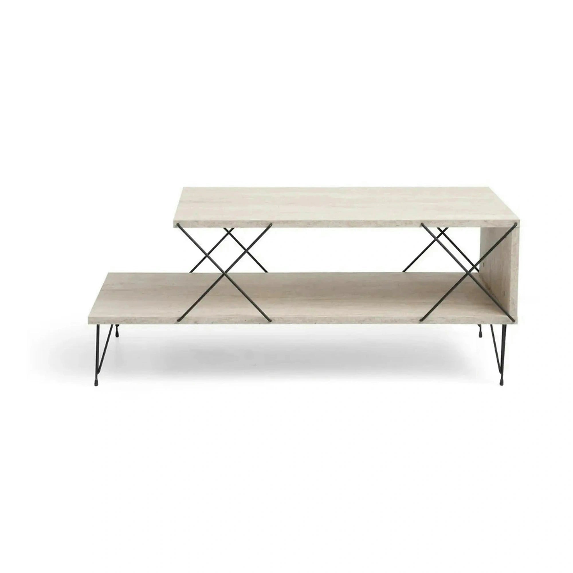 Masuta cafea LOIRE, bej cu efect de marmura/negru, PAL melaminat/metal, 100x50x40 cm