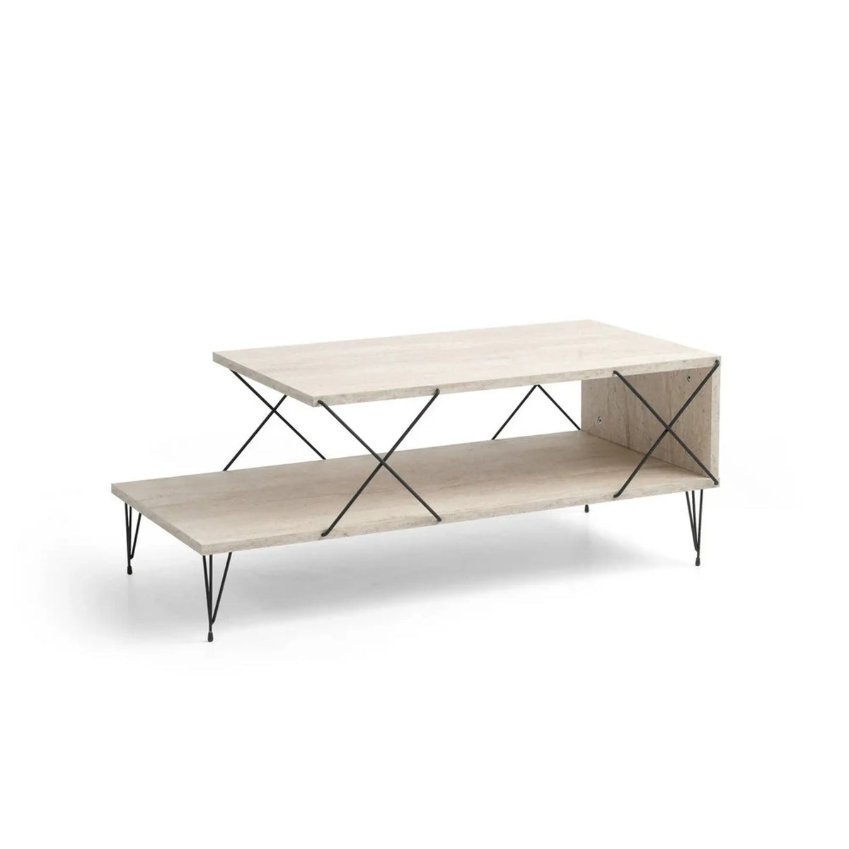 Masuta cafea LOIRE, bej cu efect de marmura/negru, PAL melaminat/metal, 100x50x40 cm