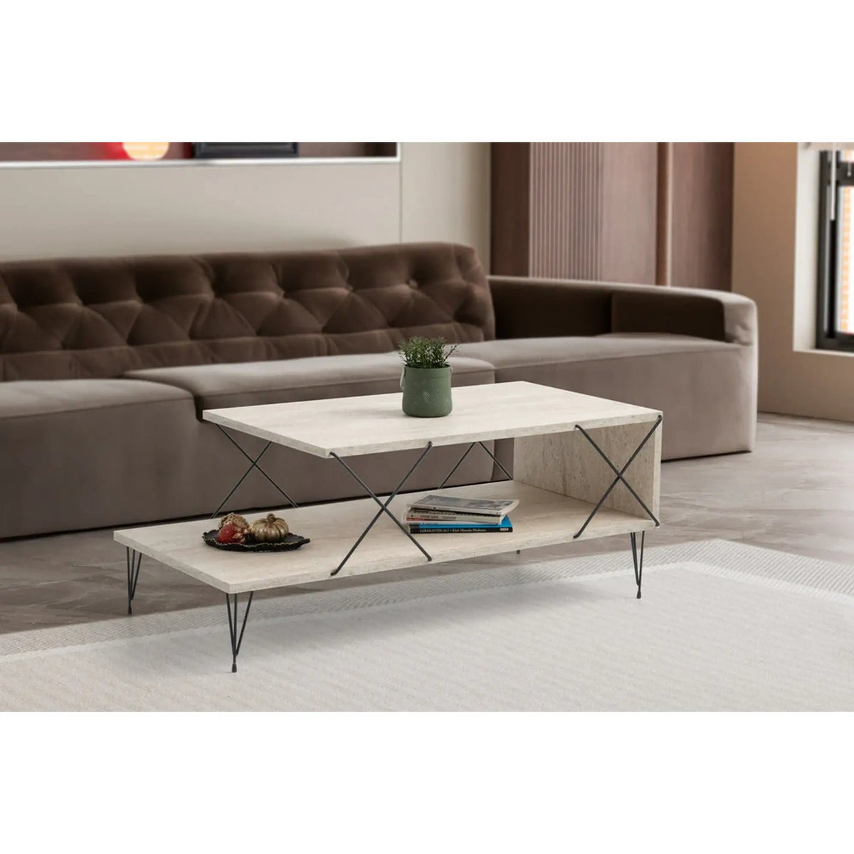 Masuta cafea LOIRE, bej cu efect de marmura/negru, PAL melaminat/metal, 100x50x40 cm
