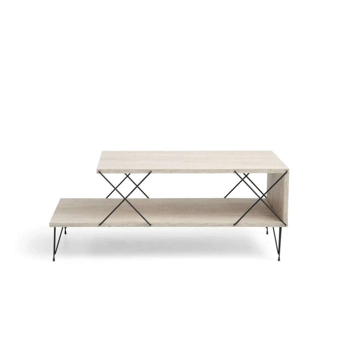 Masuta cafea LOIRE, bej cu efect de marmura/negru, PAL melaminat/metal, 100x50x40 cm