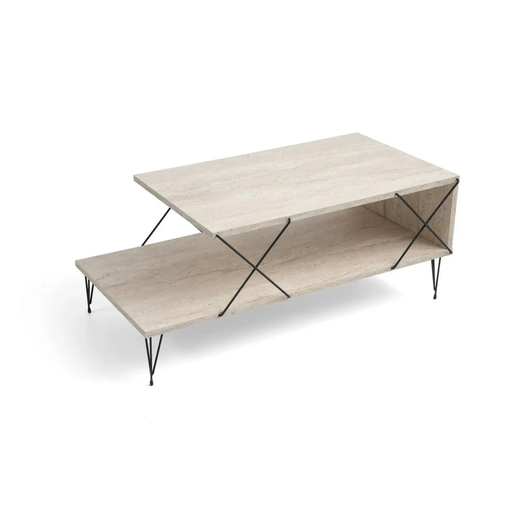 Masuta cafea LOIRE, bej cu efect de marmura/negru, PAL melaminat/metal, 100x50x40 cm