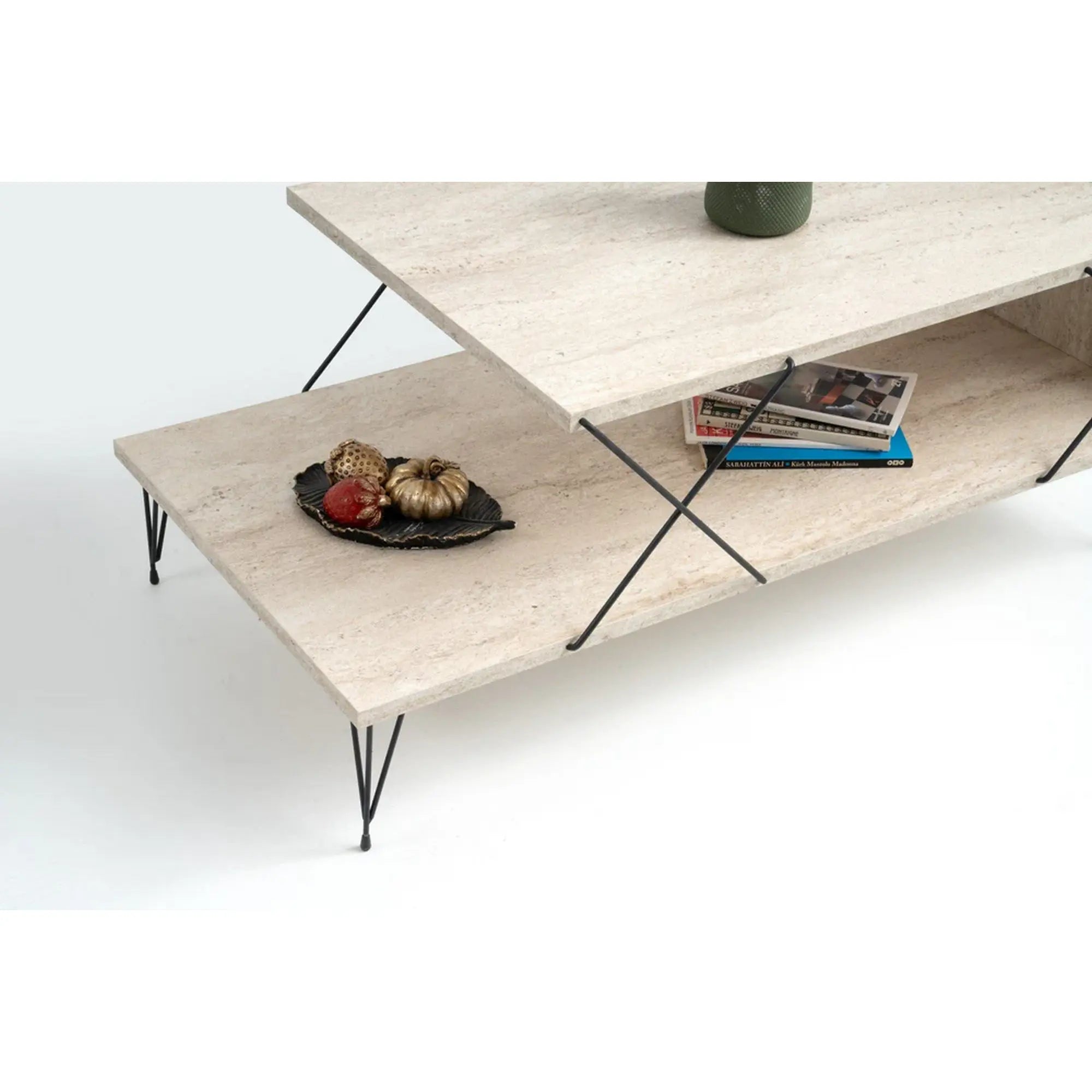 Masuta cafea LOIRE, bej cu efect de marmura/negru, PAL melaminat/metal, 100x50x40 cm