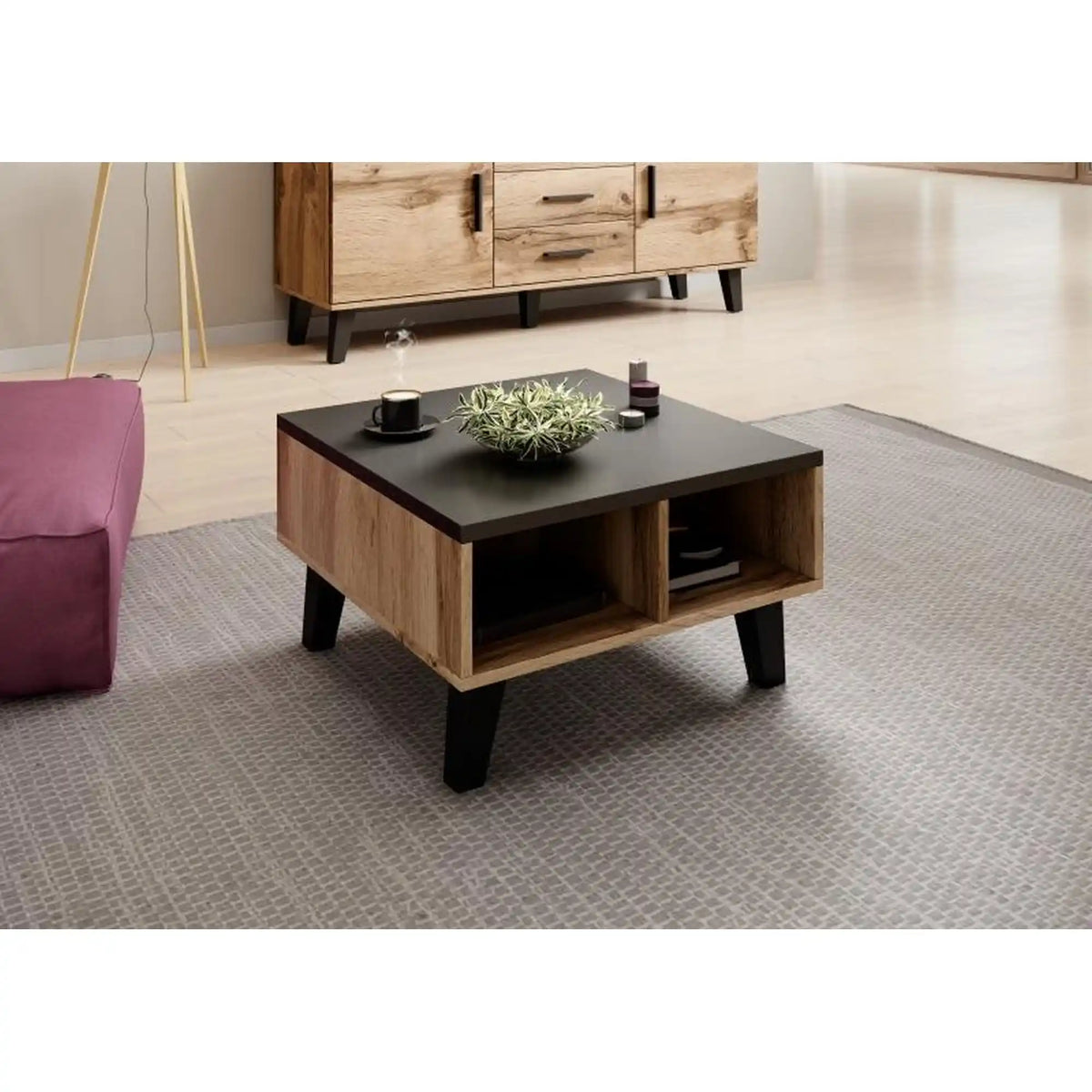 Masuta cafea LOTTA, negru/stejar sonoma, PAL, 60x60x35 cm