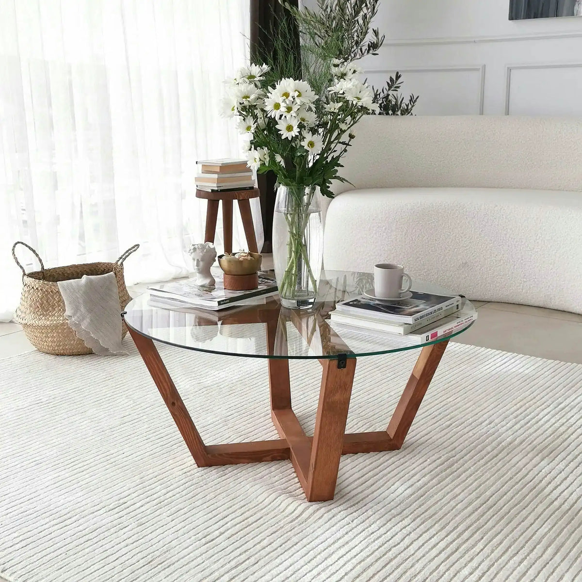Masuta cafea Lotus, transparent/nuc, sticla/lemn, 75x75x35 cm