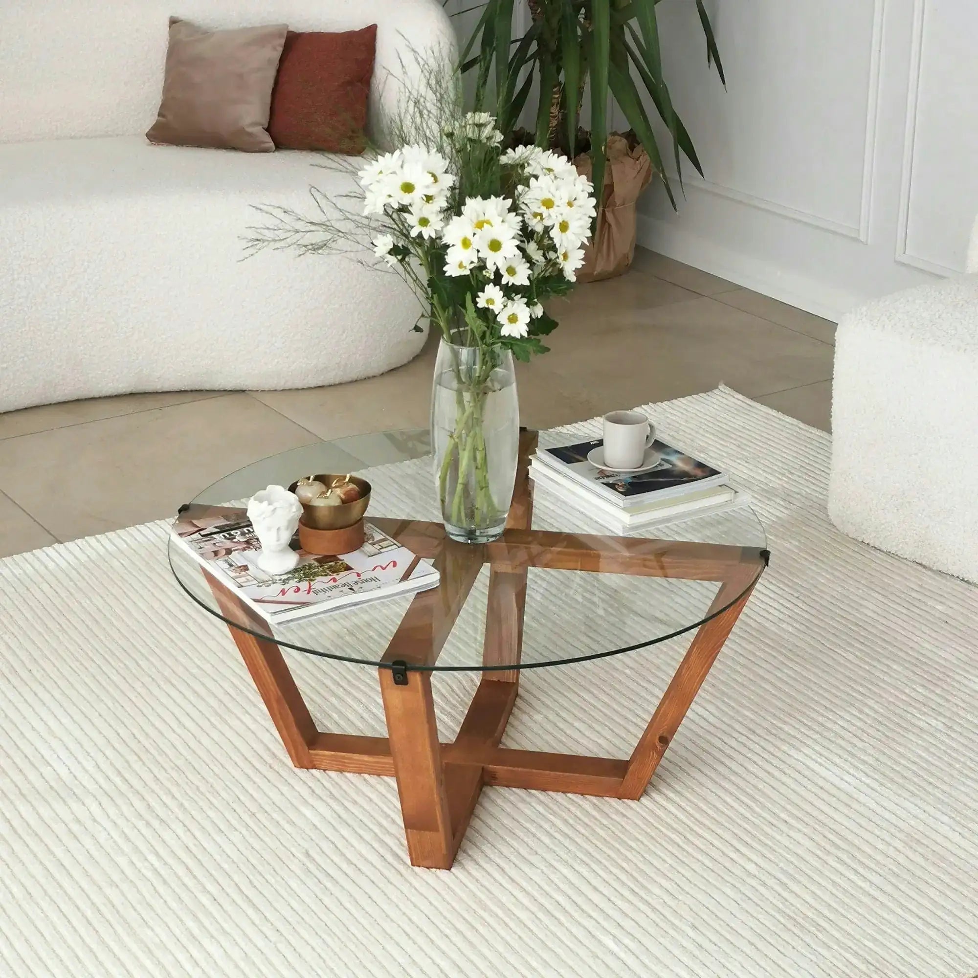Masuta cafea Lotus, transparent/nuc, sticla/lemn, 75x75x35 cm