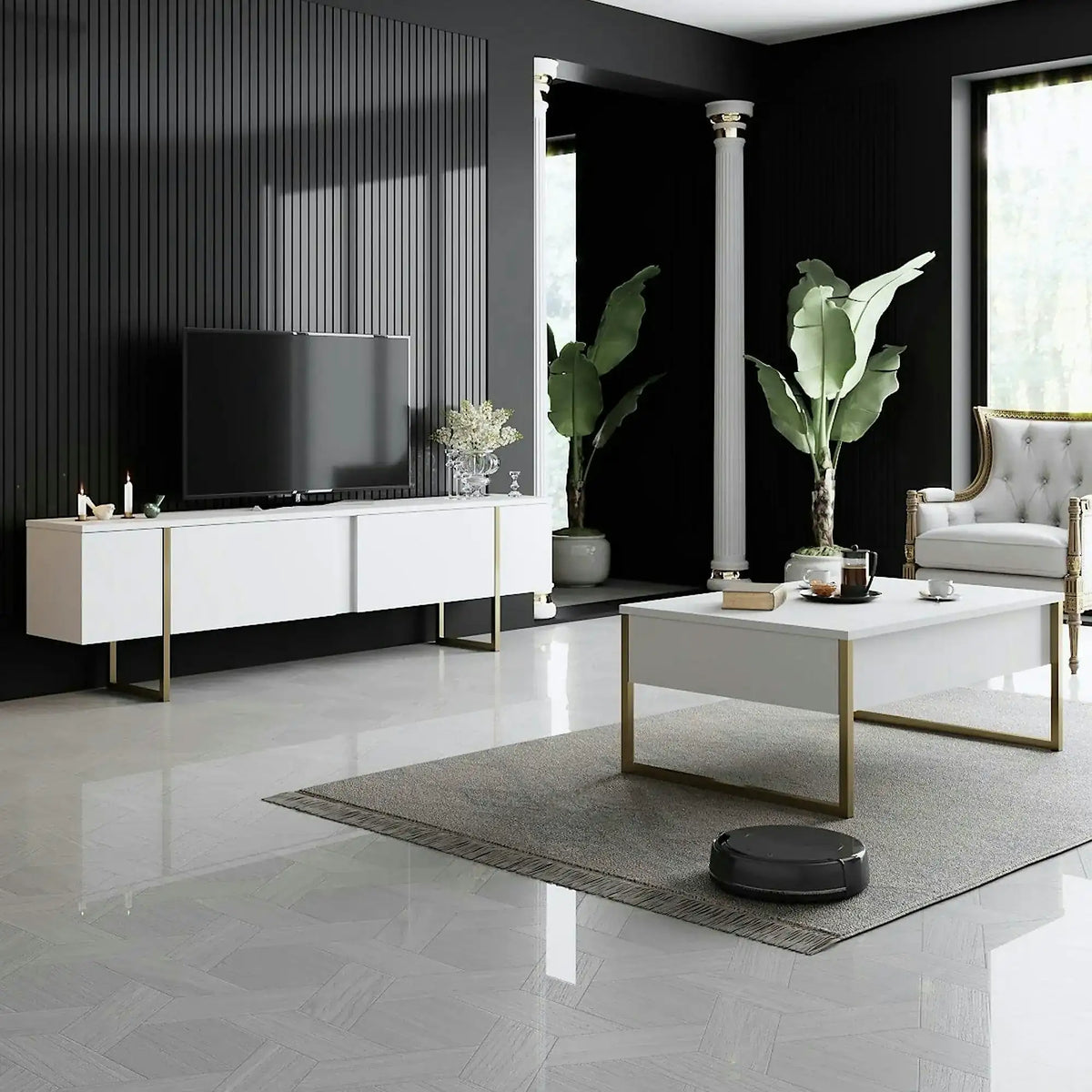 Masuta cafea Luxe, alb/auriu, PAL/metal, 90x60x40 cm